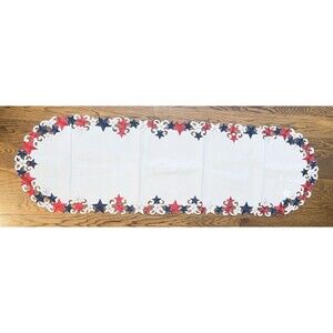 Oval Patriotic Table Runner 55"x17" White with Stars – 4th of July Decor